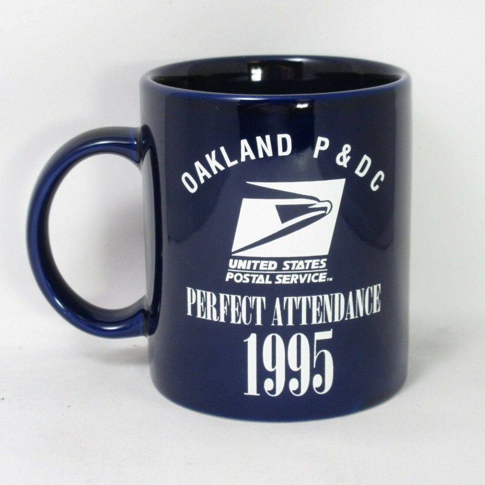 1995 Perfect Attendance USPS Oakland P&DC Postal Service Cobalt Blue Mug 12oz